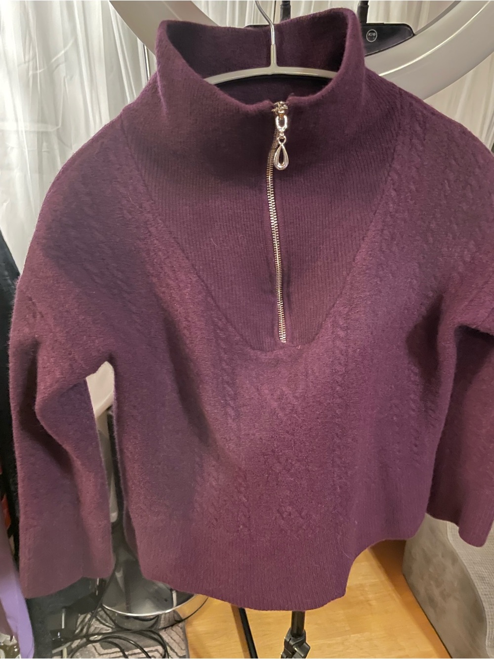 Max Studio Plum Half-Zip Cowl Cropped Merano Wool Sweater